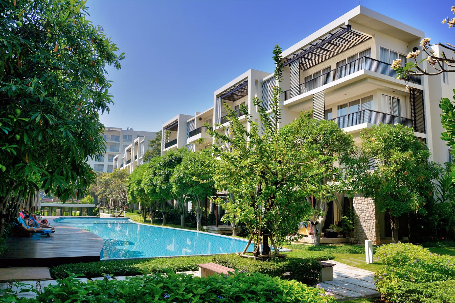 The raised garden courtyard the three blocks stand around