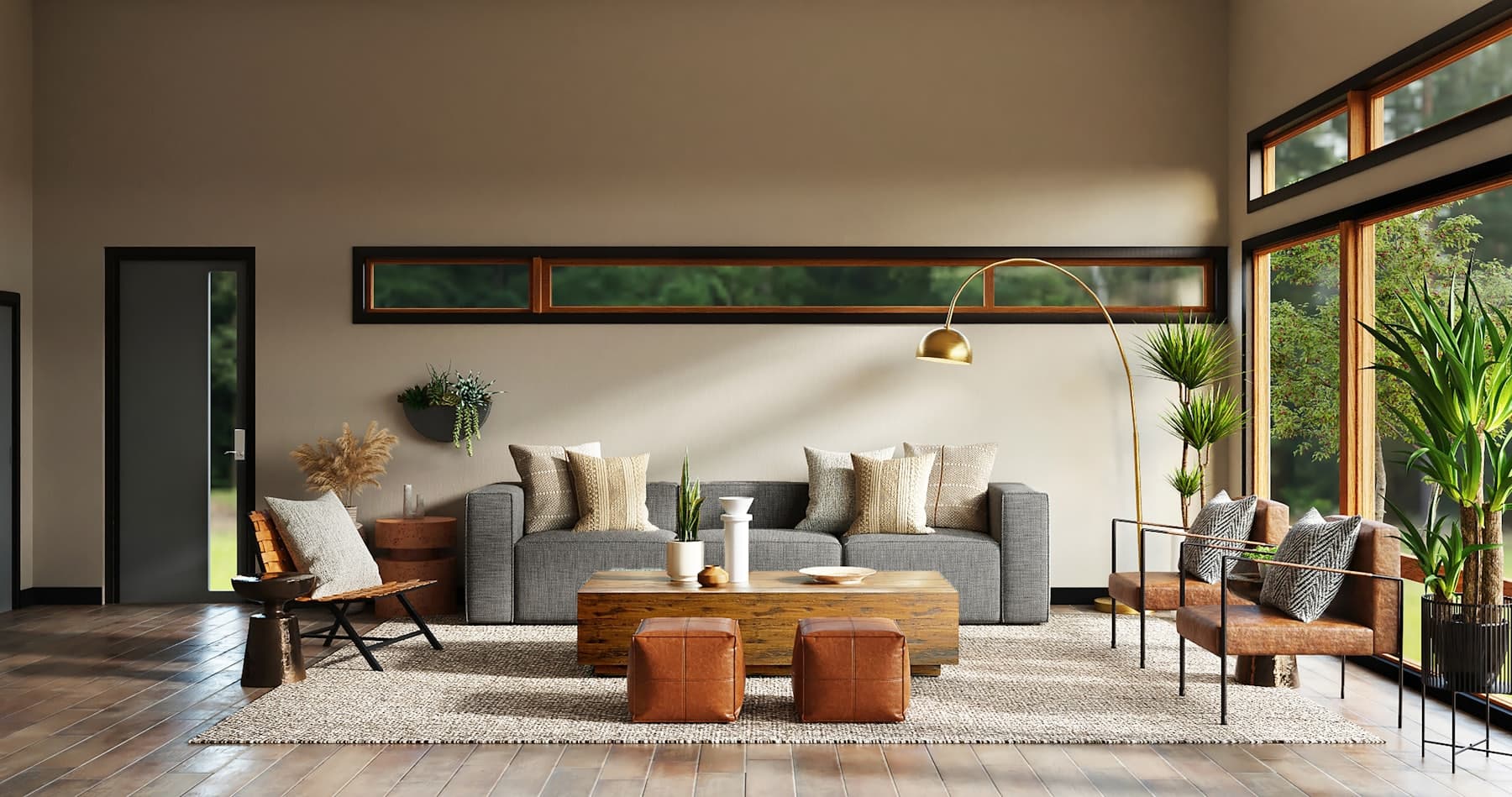 Warm living room interior with plaster walls