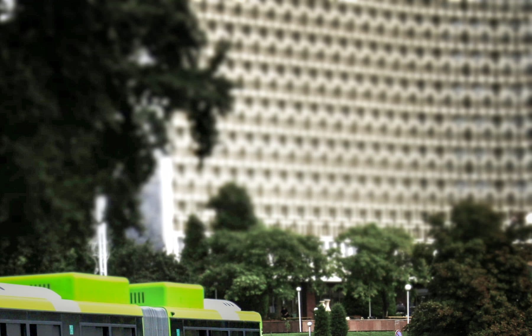 A perforated concrete sun screen on a civic building in Tashkent